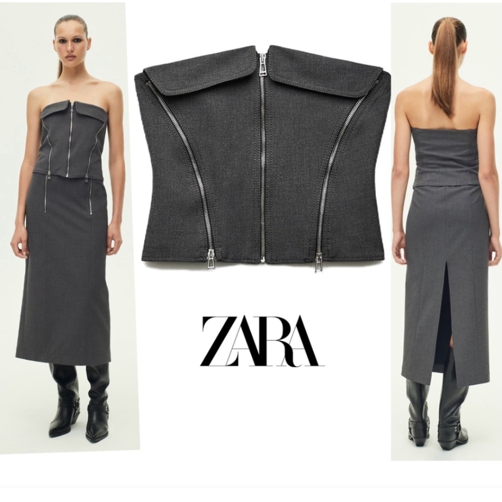 Zara Gray Zippered Bustier Strapless Top SZ M Charcoal Gray NWOTS